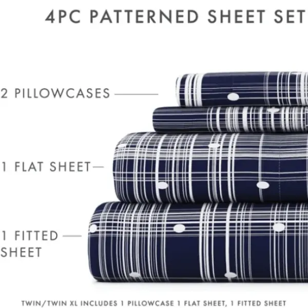 Bed Sheets-Kirkland's Home Navy Plaid Polka Dot 3-Pc. Twin Sheet Set Blue