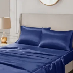 Bed Sheets-Kirkland's Home Navy Satin King 2-Pc. Pillow Case Set Blue