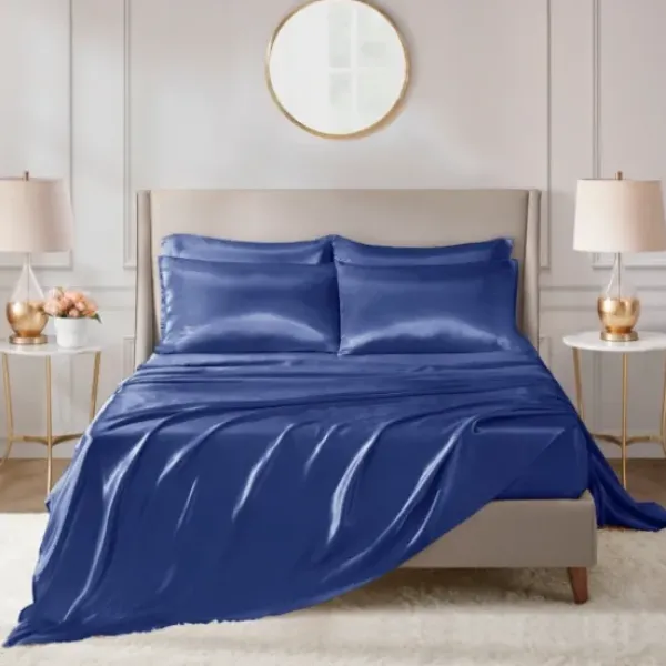 Bed Sheets-Kirkland's Home Navy Satin 6-Pc. King Sheet Set Blue