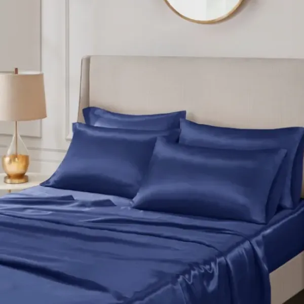Bed Sheets-Kirkland's Home Navy Satin 6-Pc. Queen Sheet Set Blue