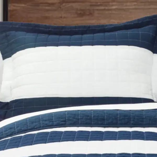 Quilts-Kirkland's Home Navy Stripe 3-Pc. Full/Queen Quilt Set Blue/White