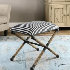 Benches & Ottomans-Kirkland's Home Navy Striped Seat And Black Metal Ottoman Blue/Ivory