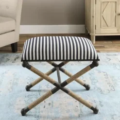 Benches & Ottomans-Kirkland's Home Navy Striped Seat And Black Metal Ottoman Blue/Ivory