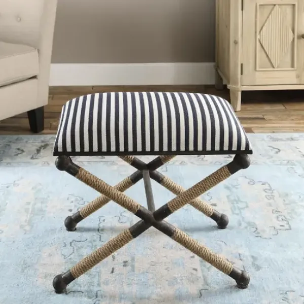 Benches & Ottomans-Kirkland's Home Navy Striped Seat And Black Metal Ottoman Blue/Ivory