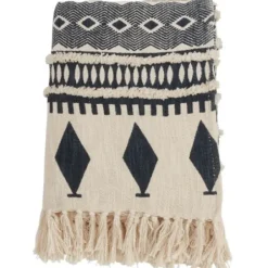 Blankets & Throws-Kirkland's Home Navy Textured Geometric Fringed Throw Blue/White