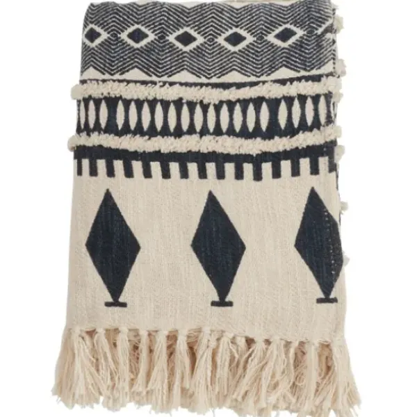 Blankets & Throws-Kirkland's Home Navy Textured Geometric Fringed Throw Blue/White