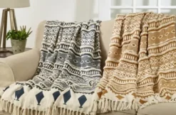 Blankets & Throws-Kirkland's Home Navy Textured Geometric Fringed Throw Blue/White