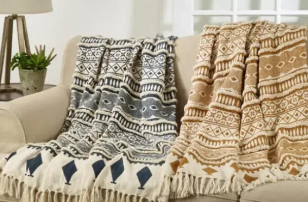 Blankets & Throws-Kirkland's Home Navy Textured Geometric Fringed Throw Blue/White