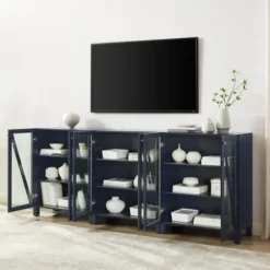 Tv Stands & Media Consoles-Kirkland's Home Navy Triangle 6-Door Wood Media Cabinet Blue