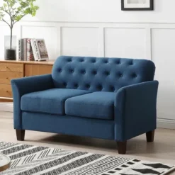 Sofas & Loveseats-Kirkland's Home Navy Upholstered Button Tufted Loveseat Blue
