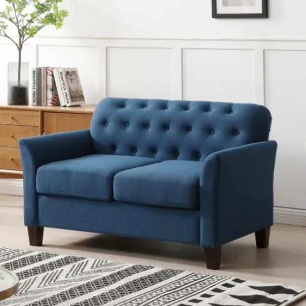 Sofas & Loveseats-Kirkland's Home Navy Upholstered Button Tufted Loveseat Blue