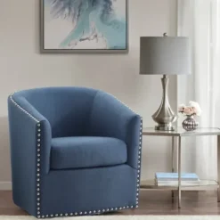 Accent Chairs-Kirkland's Home Navy Upholstered Nailhead Swivel Accent Chair Blue