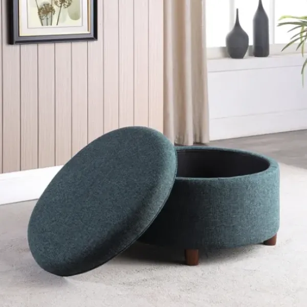 Benches & Ottomans-Kirkland's Home Navy Upholstered Round Storage Ottoman Blue