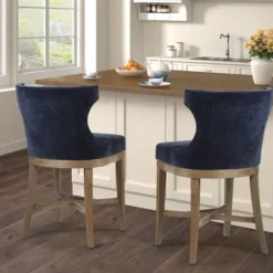 Bar Stools & Counter Height Stools-Kirkland's Home Navy Upholstered Wingback Swivel Counter Stool Blue