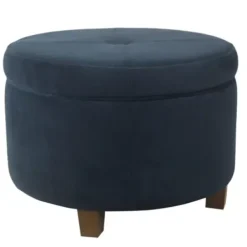 Benches & Ottomans-Kirkland's Home Navy Velvet Upholstered Round Storage Ottoman Blue