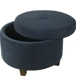 Benches & Ottomans-Kirkland's Home Navy Velvet Upholstered Round Storage Ottoman Blue