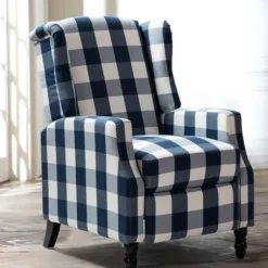 Accent Chairs-Kirkland's Home Navy Windowpane Plaid Recliner Blue/White