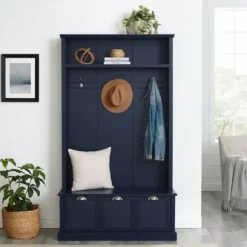 Entryway Furniture-Kirkland's Home Navy Wood Storage Bench Hall Tree Blue