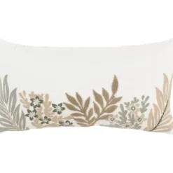 Pillows-Kirkland's Home Neutral Blooms Hand Embroidered Lumbar Pillow White/Tan/Gray