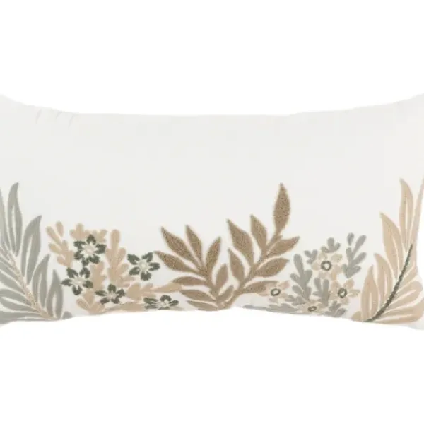 Pillows-Kirkland's Home Neutral Blooms Hand Embroidered Lumbar Pillow White/Tan/Gray