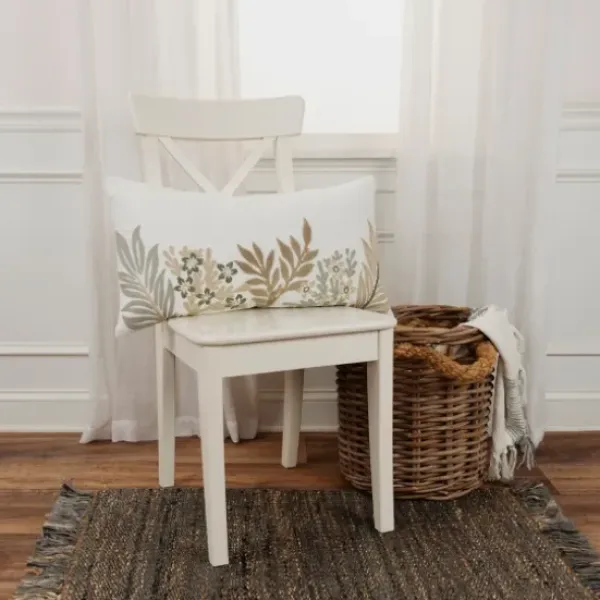 Pillows-Kirkland's Home Neutral Blooms Hand Embroidered Lumbar Pillow White/Tan/Gray
