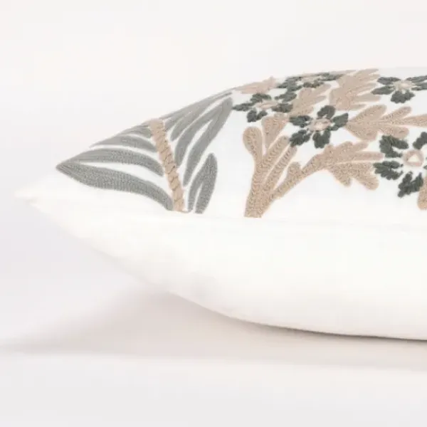 Pillows-Kirkland's Home Neutral Blooms Hand Embroidered Lumbar Pillow White/Tan/Gray