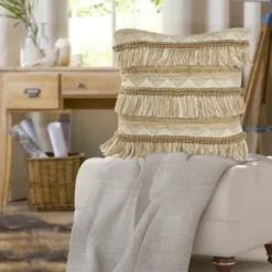 Pillows-Kirkland's Home Neutral Embroidered Fringe Accent Pillow Brown