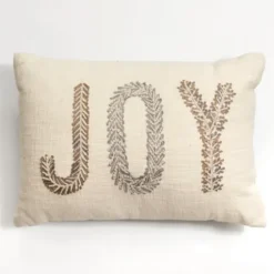 Pillows-Kirkland's Home Neutral Embroidered Joy Lumbar Pillow Ivory/Brown