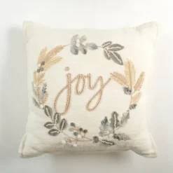 Pillows-Kirkland's Home Neutral Flanged Joy Wreath Throw Pillow White/Gray