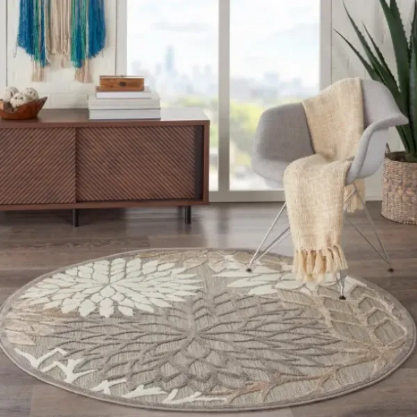 Outdoor Rugs-Kirkland's Home Neutral Floral Burst Outdoor Area Rug, 7X10 Tan/Gray/White