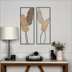 Wall Plaques-Kirkland's Home Neutral Leaves Metal Wall Plaques, Set Of 2 Tan/Black
