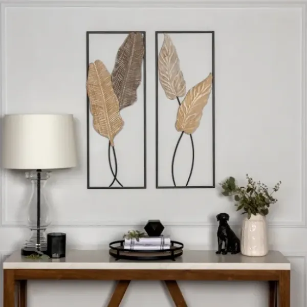 Wall Plaques-Kirkland's Home Neutral Leaves Metal Wall Plaques, Set Of 2 Tan/Black