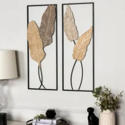 Wall Plaques-Kirkland's Home Neutral Leaves Metal Wall Plaques, Set Of 2 Tan/Black