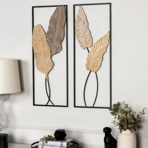Wall Plaques-Kirkland's Home Neutral Leaves Metal Wall Plaques, Set Of 2 Tan/Black