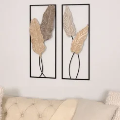 Wall Plaques-Kirkland's Home Neutral Leaves Metal Wall Plaques, Set Of 2 Tan/Black