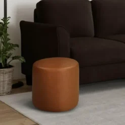 Benches & Ottomans-Kirkland's Home Newton Carmel Faux Leather Cylinder Ottoman Brown
