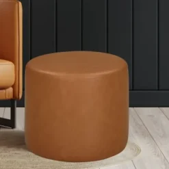Benches & Ottomans-Kirkland's Home Newton Carmel Faux Leather Cylinder Ottoman Brown