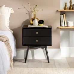 Nightstands-Kirkland's Home Nightshade Mid Century Wooden Nightstand Black