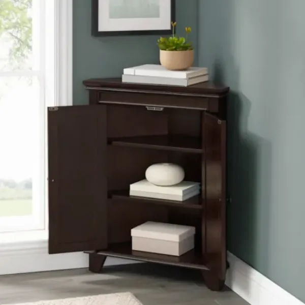 Bathroom Furniture-Kirkland's Home Nikki Dark Wooden Corner Cabinet Brown