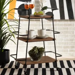 Kitchen Islands & Bar Carts-Kirkland's Home Norris Walnut 3-Tier Mobile Bar Cart