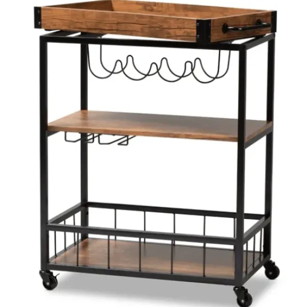 Kitchen Islands & Bar Carts-Kirkland's Home Oak And Black Metal Bar Cart With Bottle Rack