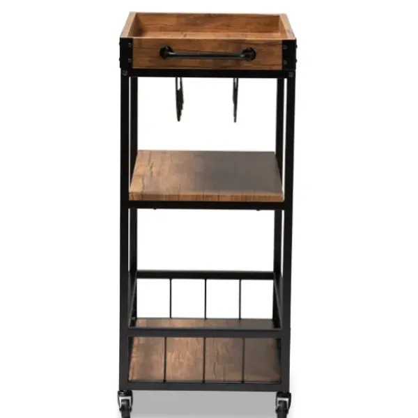 Kitchen Islands & Bar Carts-Kirkland's Home Oak And Black Metal Bar Cart With Bottle Rack