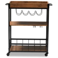 Kitchen Islands & Bar Carts-Kirkland's Home Oak And Black Metal Bar Cart With Bottle Rack