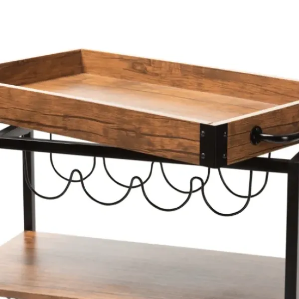 Kitchen Islands & Bar Carts-Kirkland's Home Oak And Black Metal Bar Cart With Bottle Rack
