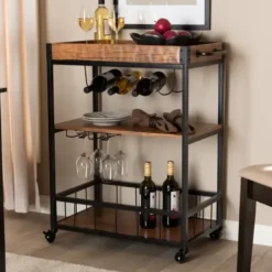 Kitchen Islands & Bar Carts-Kirkland's Home Oak And Black Metal Bar Cart With Bottle Rack