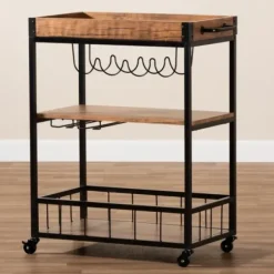 Kitchen Islands & Bar Carts-Kirkland's Home Oak And Black Metal Bar Cart With Bottle Rack