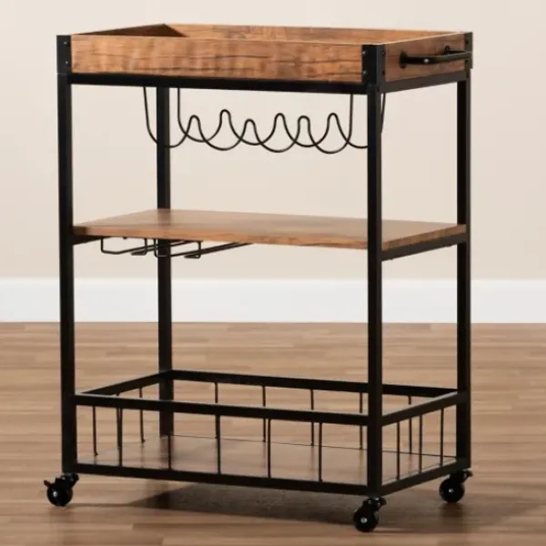 Kitchen Islands & Bar Carts-Kirkland's Home Oak And Black Metal Bar Cart With Bottle Rack