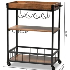 Kitchen Islands & Bar Carts-Kirkland's Home Oak And Black Metal Bar Cart With Bottle Rack