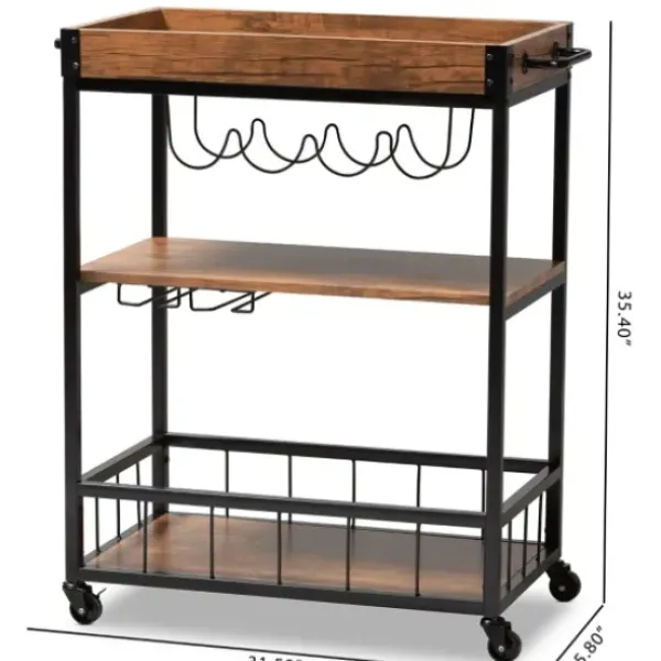 Kitchen Islands & Bar Carts-Kirkland's Home Oak And Black Metal Bar Cart With Bottle Rack