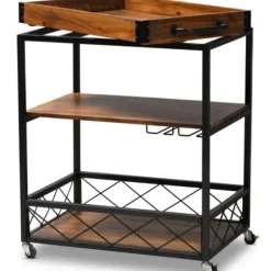 Kitchen Islands & Bar Carts-Kirkland's Home Oak And Black Metal Bar Cart With Stemware Rack